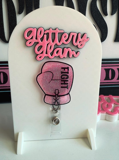 Pink Glitter Boxing Glove Badge Reel | Breast Cancer Awareness ID Holder | Nurse Badge Reel | Fight Cancer Ribbon Badge Clip