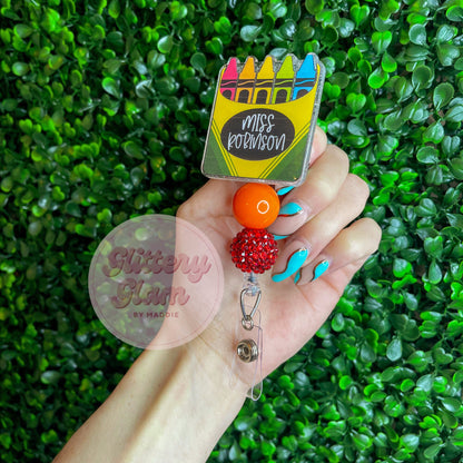 Personalized Crayon Box Beaded Badge Reel