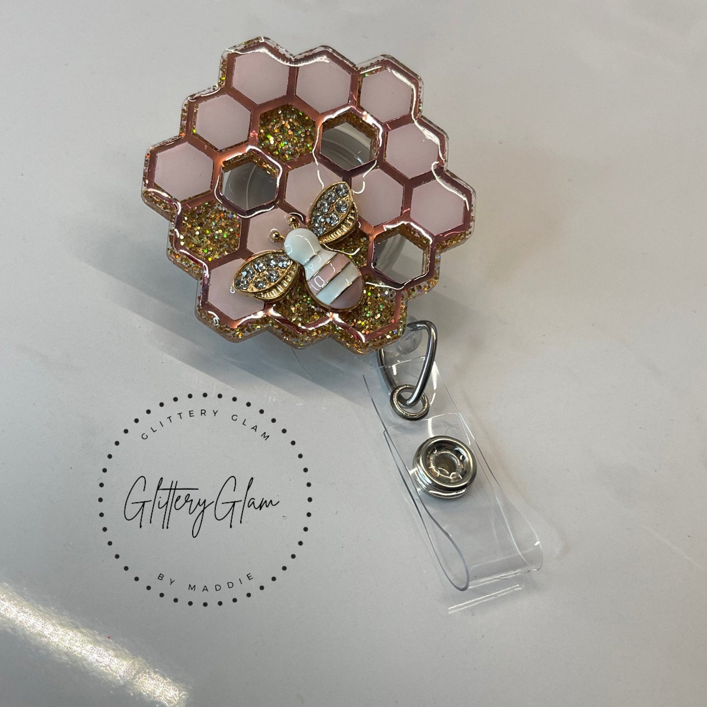 Honeycomb Bee Badge Reel: Glitter ID Holder, Nurse Gift