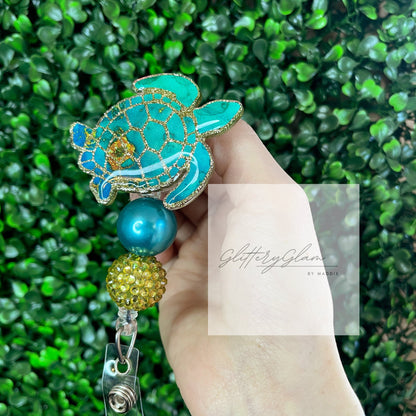 Gold Sea Turtle Beaded Badge Reel