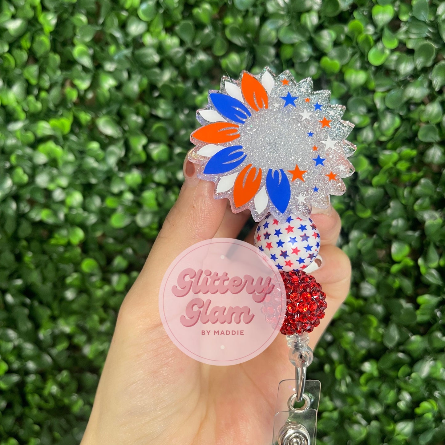 Red, White, and Bloom Patriotic Sunflower Badge Reel-Nurse Id Holder- Retractable Badge Clip