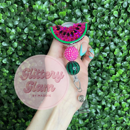 Watermelon Badge Reel: Glitter Acrylic Retractable ID Holder