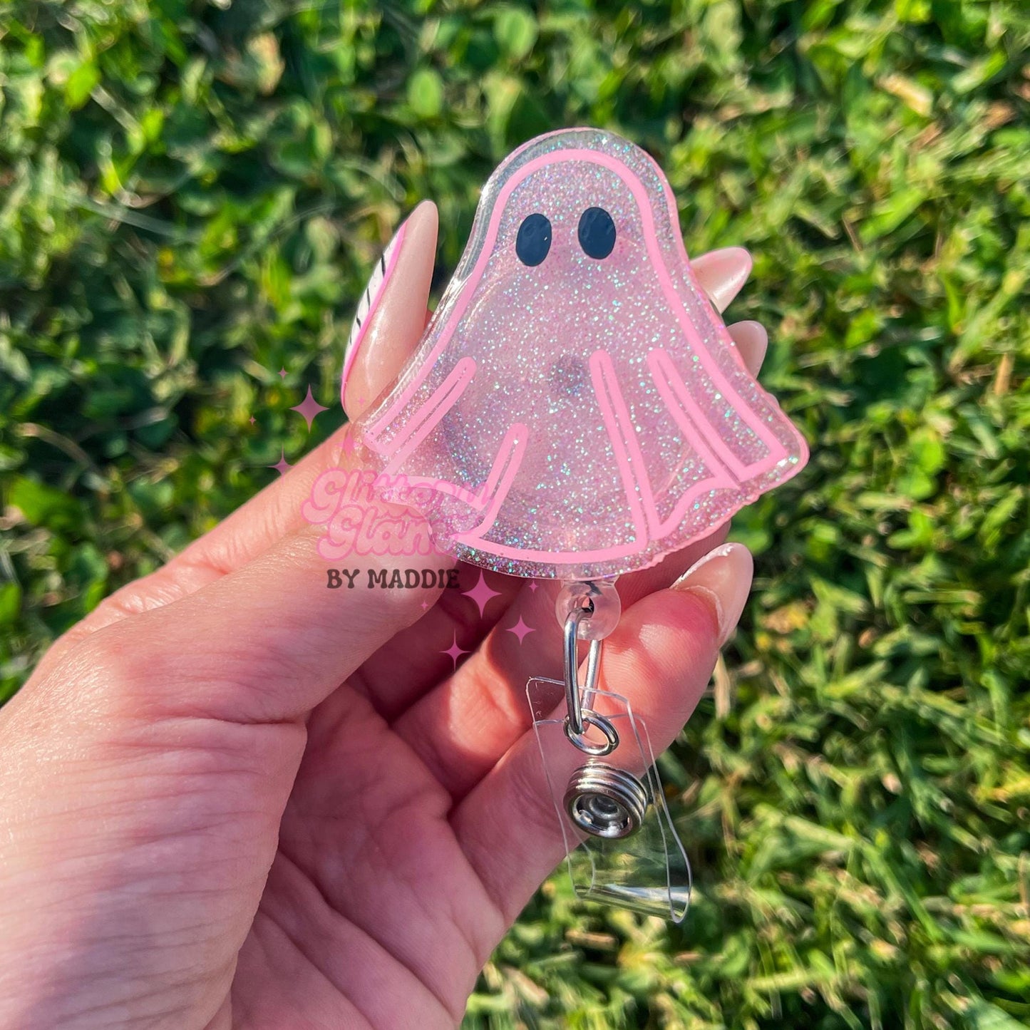 Pink Halloween Ghost Badge Reel: Glow in the Dark ID Holder
