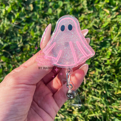 Pink Halloween Ghost Badge Reel: Glow in the Dark ID Holder