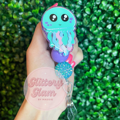 Iridescent Jellyfish Badge Reel: Glittered Summer ID Holder