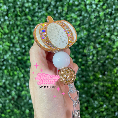 Gold Pumpkin Beaded Badge Reel: Fall Work Accessory