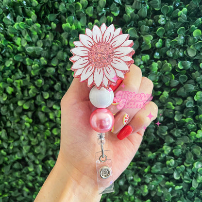 Personalized Sunflower Badge Reel: Rose Gold Glitter Nurse ID Holder