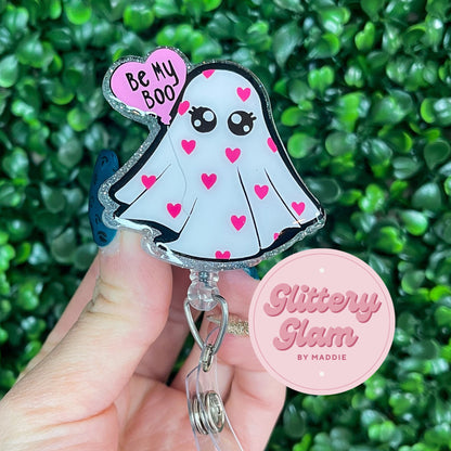 Be My Boo Ghost Badge Reel: Valentine's Day Glitter Accessory