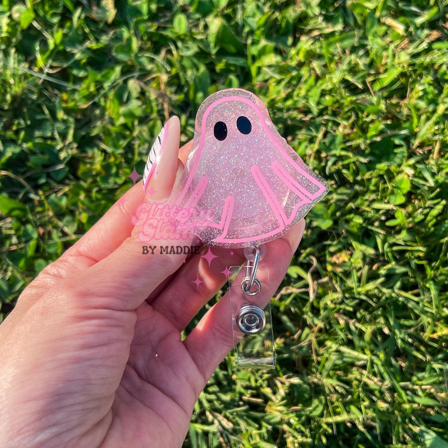 Pink Halloween Ghost Badge Reel: Glow in the Dark ID Holder