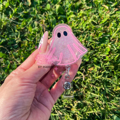 Pink Halloween Ghost Badge Reel: Glow in the Dark ID Holder