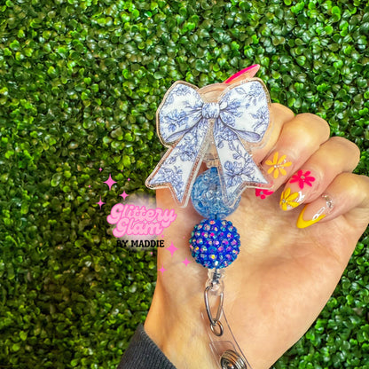 Blue Toile Bow Badge Reel: Beaded Retractable ID Holder
