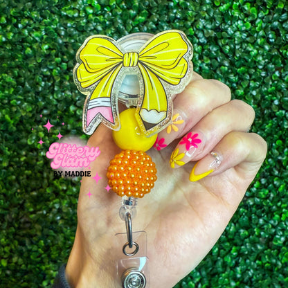 Coquette Pencil Bow Badge Reel – Teacher Accessory - Teacher Appreciation Gift - Lanyard