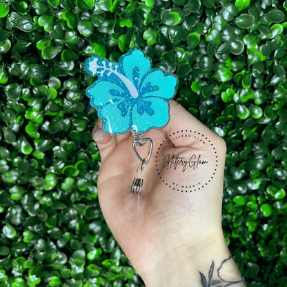 Summer Hibiscus Badge Reel: Glitter Floral Nurse ID Holder