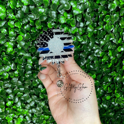 Thin Blue Line Flag Sunflower Badge Reel-Custom Police Id Holder-Glitter Keycard-Back the Blue