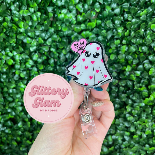 Be My Boo Ghost Badge Reel: Valentine's Day Glitter Accessory