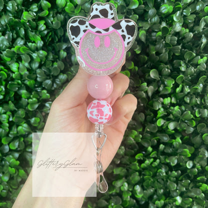 Cowboy Smiley Face Badge Reel: Cowprint Hat, Beaded Nurse ID Holder