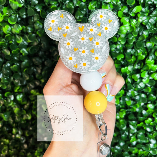 Mouse Shaped Daisy Floral Badge Reel with Bubblegum Beads
