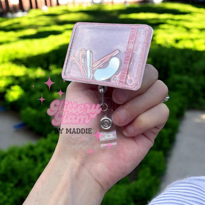 Pink Glitter Mayo Tray Shaker Badge Reel: Surgical Nurse ID Holder