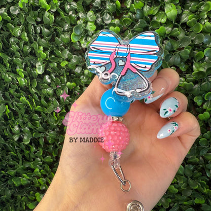 NICU Nurse Badge Reel: Glitter Stethoscope, Bow & Pastel Beads