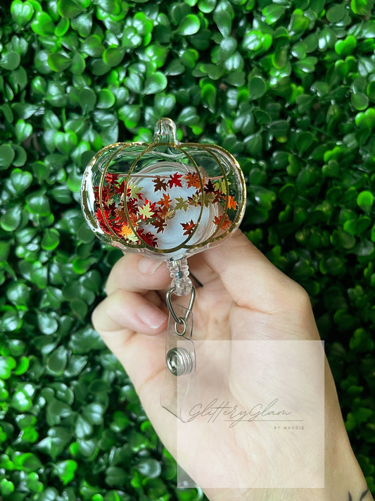 Pumpkin Shaker Badge Reel: Autumn Leaves, Retractable ID Holder