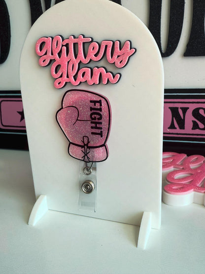 Pink Glitter Boxing Glove Badge Reel | Breast Cancer Awareness ID Holder | Nurse Badge Reel | Fight Cancer Ribbon Badge Clip