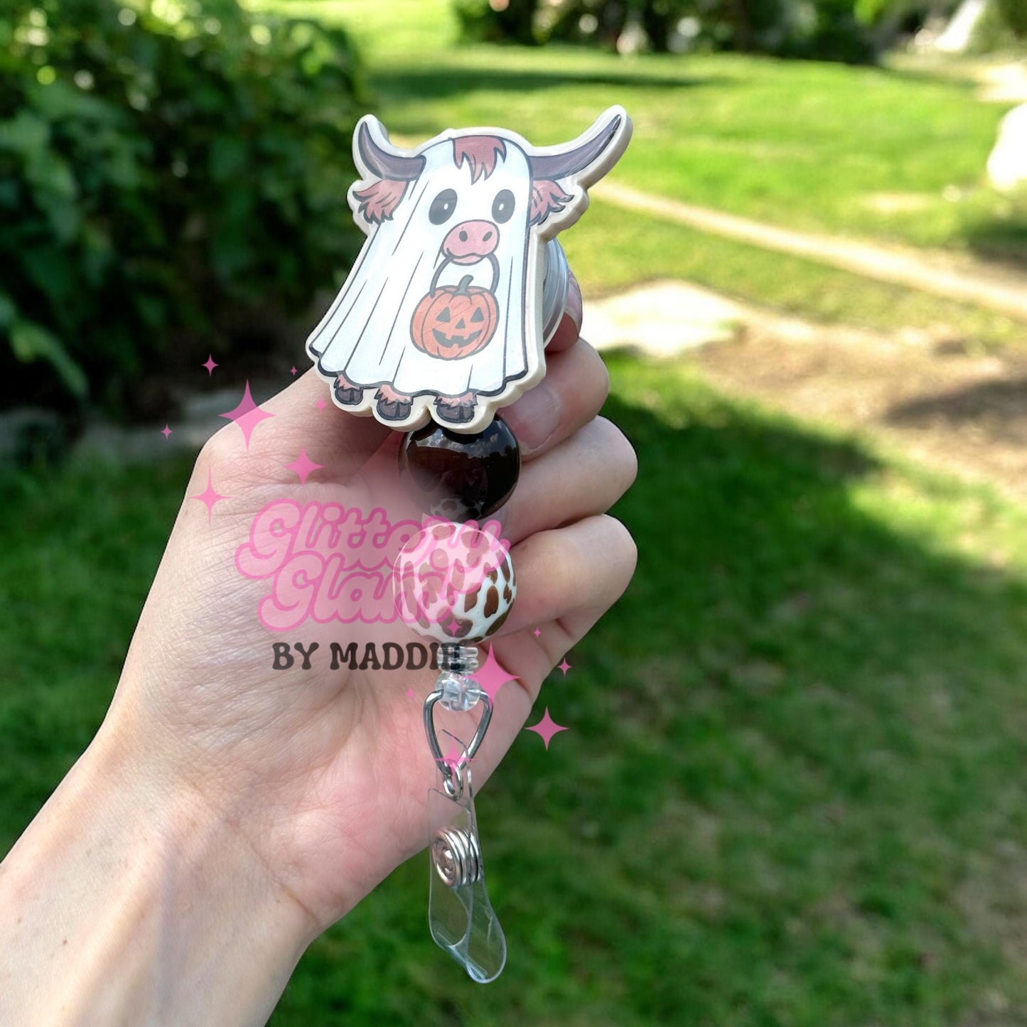 Highland Cow Ghost Badge Reel: Spooky Halloween ID Clip