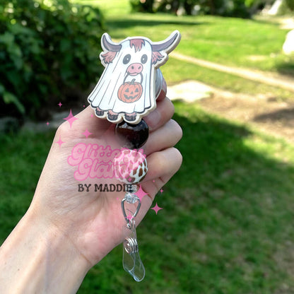 Highland Cow Ghost Badge Reel: Spooky Halloween ID Clip