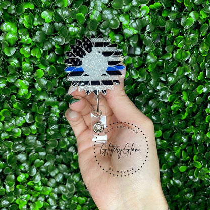 Thin Blue Line Flag Sunflower Badge Reel-Custom Police Id Holder-Glitter Keycard-Back the Blue