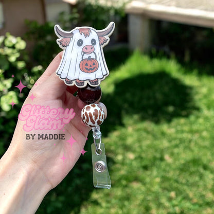Highland Cow Ghost Badge Reel: Spooky Halloween ID Clip