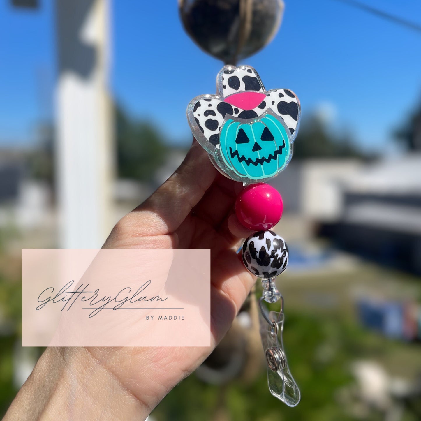 Cowboy Pumpkin Badge Reel: Pink Teal Western Cowprint Hat