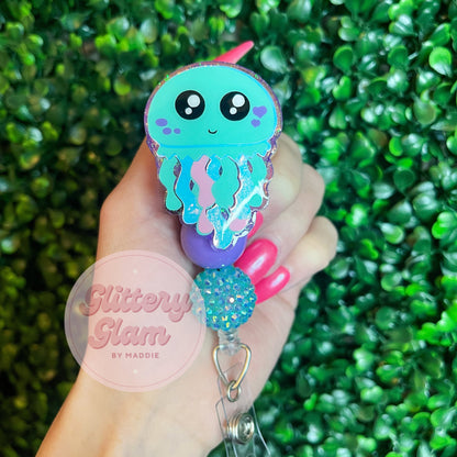Iridescent Jellyfish Badge Reel: Glittered Summer ID Holder