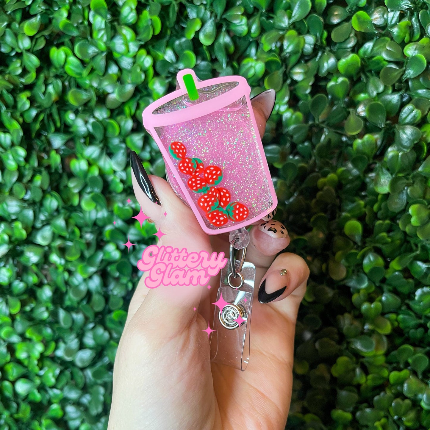 Strawberry Lemonade Shaker Badge Reel: Pink Drink Work ID Holder