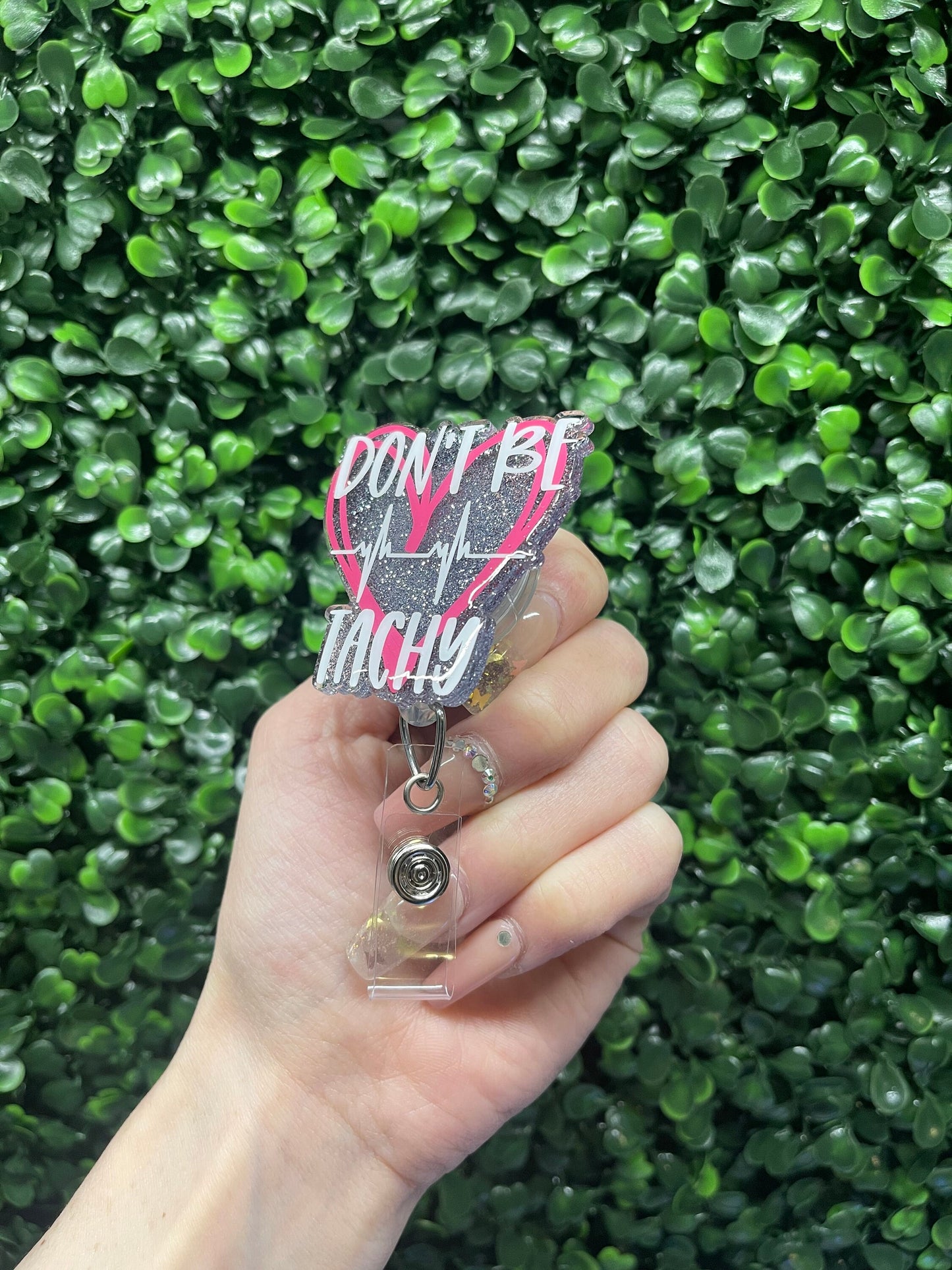 Don't Be Tachy Cardiology Badge Reel: Glitter Heart Alligator Clip