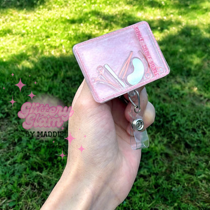 Pink Glitter Mayo Tray Shaker Badge Reel: Surgical Nurse ID Holder