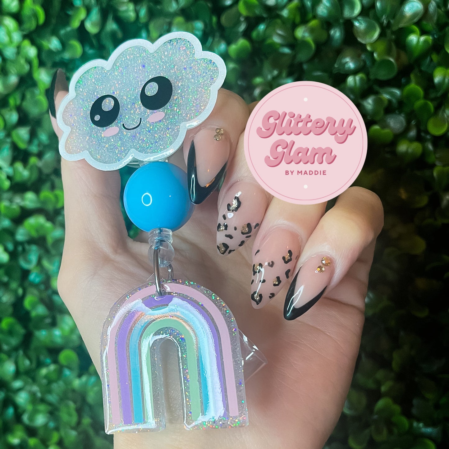 Happy Cloud Badge Reel: Glitter Acrylic Rainbow ID Holder