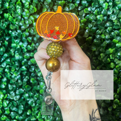 Gold Pumpkin Badge Reel with Leaves, Beaded Badge Holder for Nurses, Perfect Gift for Nurses, Teachers, or Office Workers