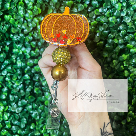 Gold Pumpkin Badge Reel with Leaves, Beaded Badge Holder for Nurses, Perfect Gift for Nurses, Teachers, or Office Workers