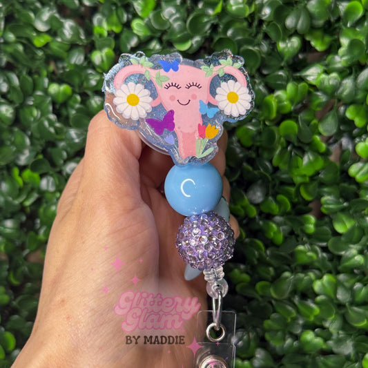 Spring Uterus Badge Reel – Floral Uterus ID Holder – OB Nurse, Midwife, Women's Health, Funny Medical Badge Reel, Cute Spring Nurse Gift