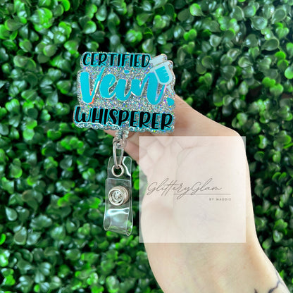 Phlebotomist Badge Reel: Teal Holographic Glitter, Vein Whisperer