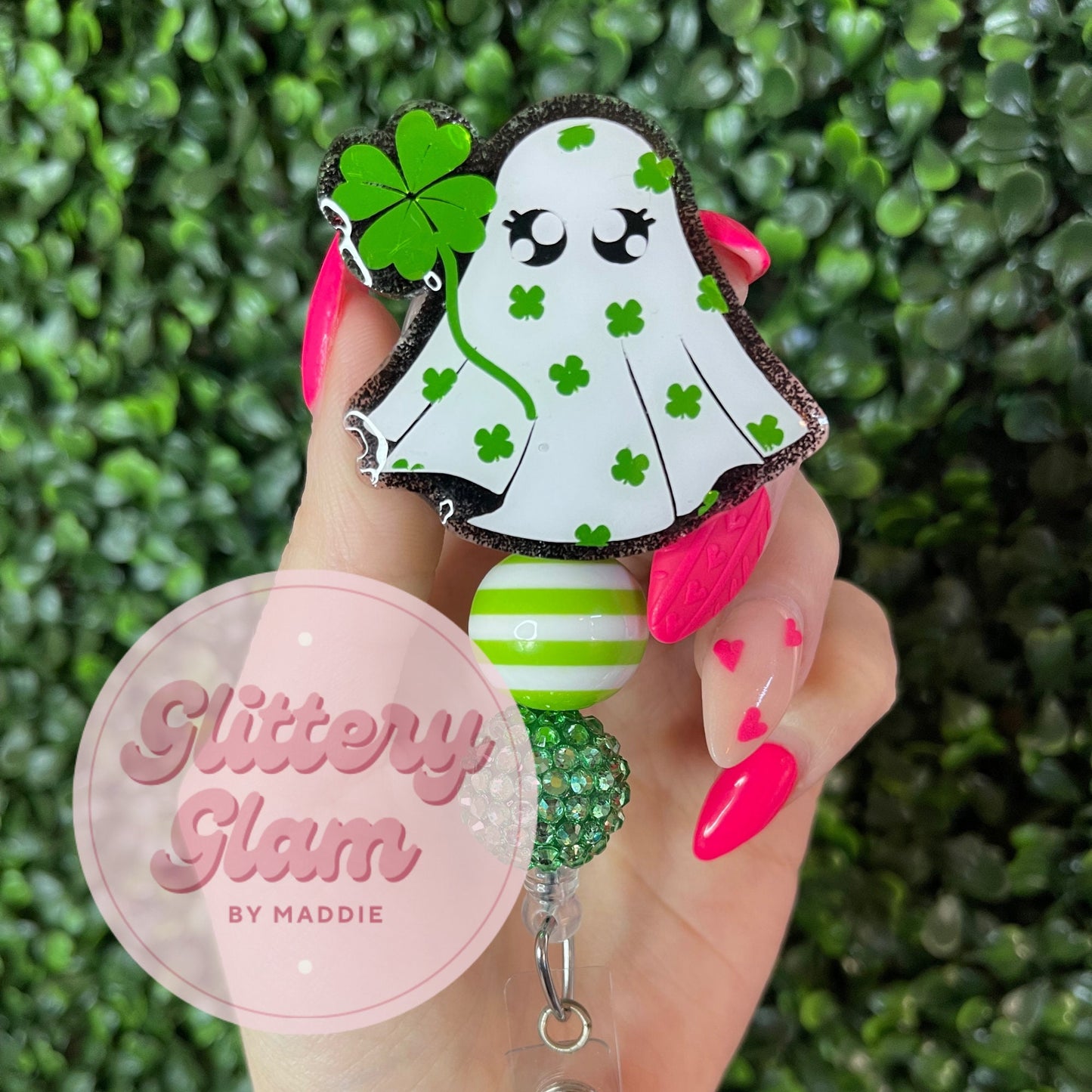 St Patrick's Day Ghost Badge Reel: Handglittered Acrylic Nurse Gift