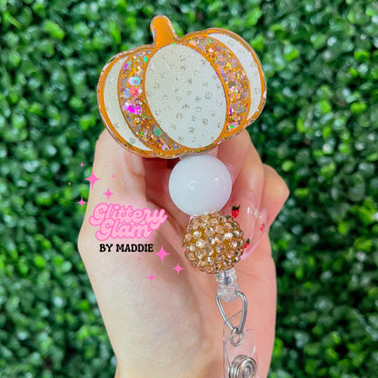 Gold Pumpkin Beaded Badge Reel: Fall Work Accessory