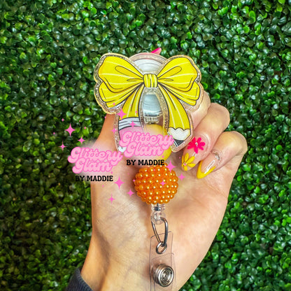 Coquette Pencil Bow Badge Reel – Teacher Accessory - Teacher Appreciation Gift - Lanyard