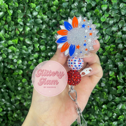 Red, White, and Bloom Patriotic Sunflower Badge Reel-Nurse Id Holder- Retractable Badge Clip