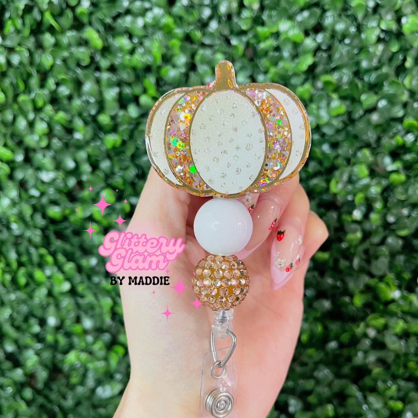 Gold Pumpkin Beaded Badge Reel: Fall Work Accessory