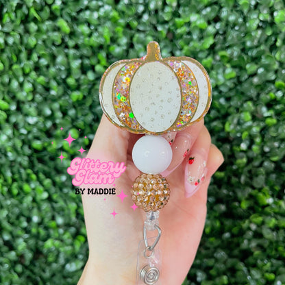 Gold Pumpkin Beaded Badge Reel: Fall Work Accessory