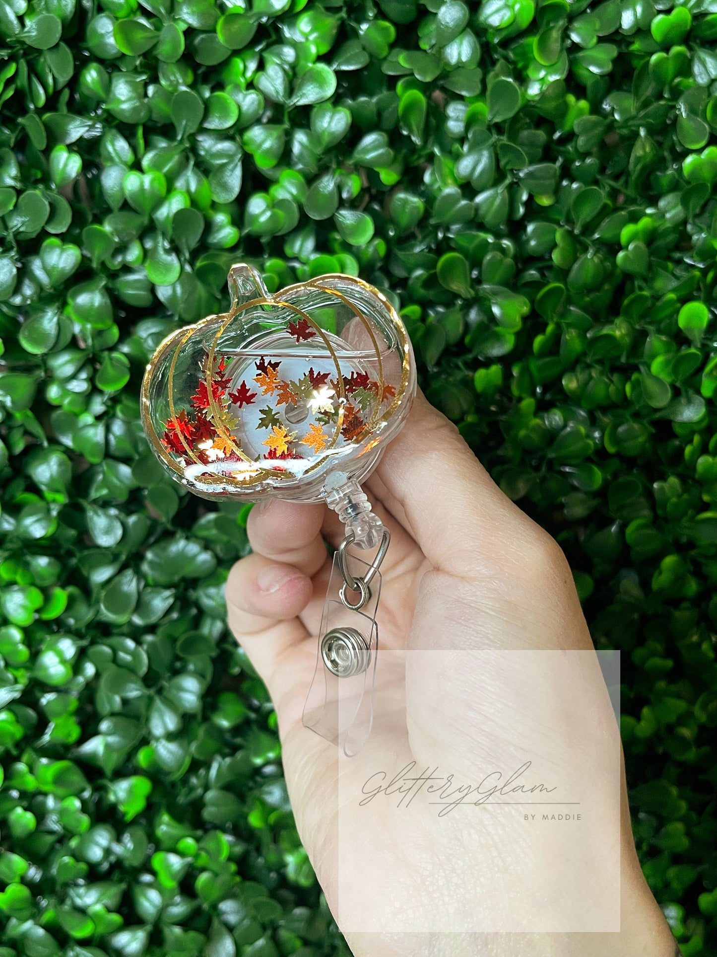 Pumpkin Shaker Badge Reel: Autumn Leaves, Retractable ID Holder