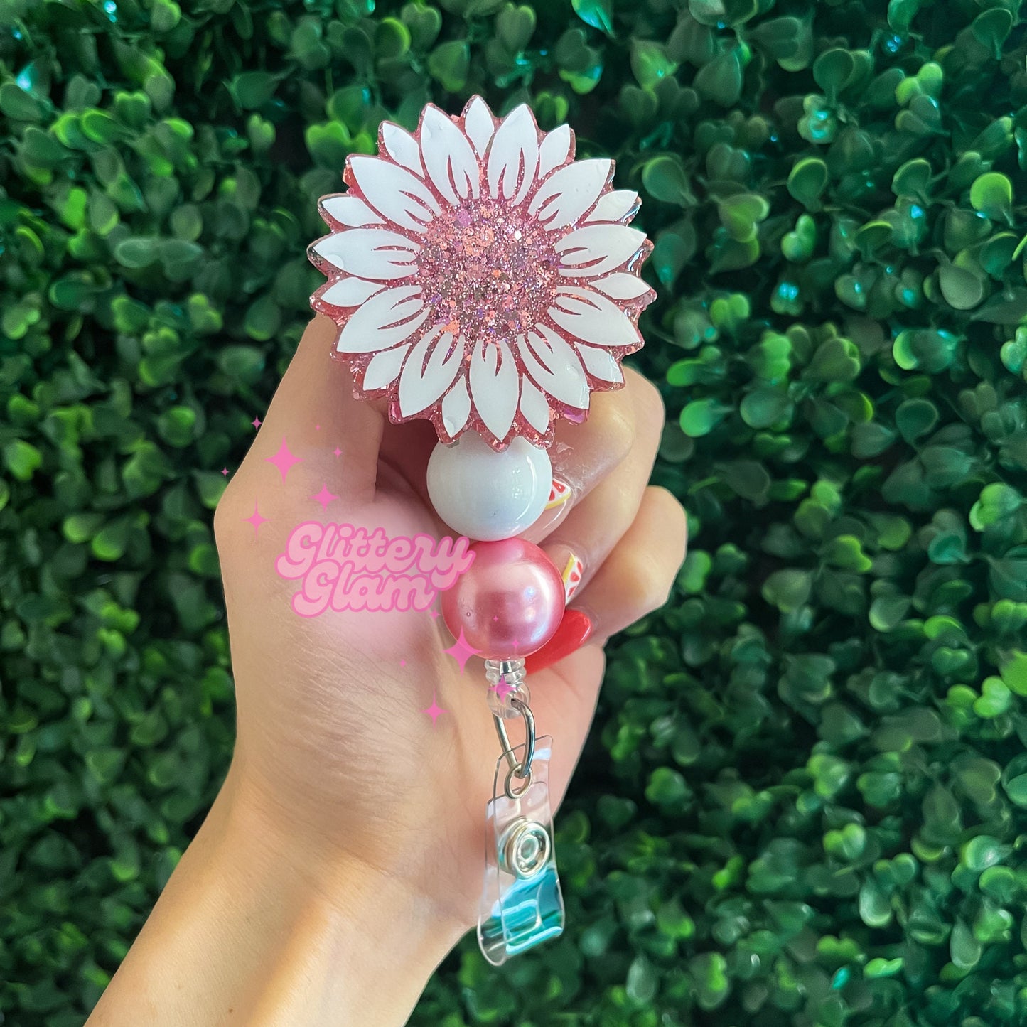 Personalized Sunflower Badge Reel: Rose Gold Glitter Nurse ID Holder