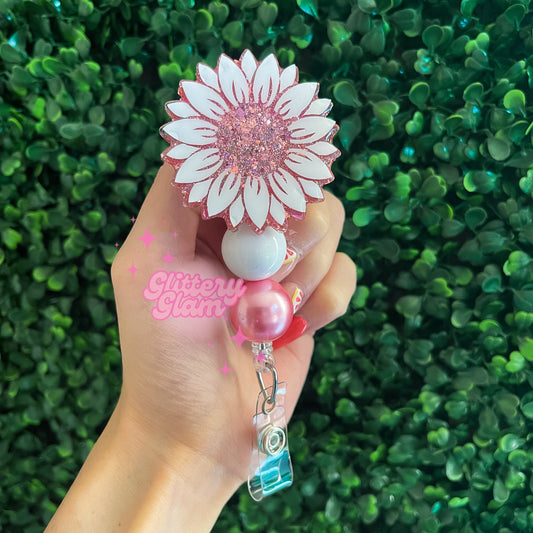 Personalized Sunflower Badge Reel: Rose Gold Glitter Nurse ID Holder