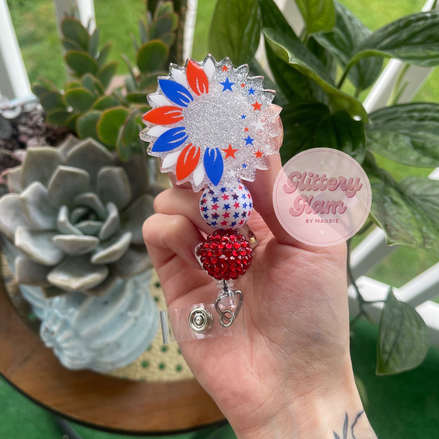 Red, White, and Bloom Patriotic Sunflower Badge Reel-Nurse Id Holder- Retractable Badge Clip