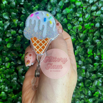 Sparkly Ice Cream Cone Badge Reel: Handglittered Summer ID Holder